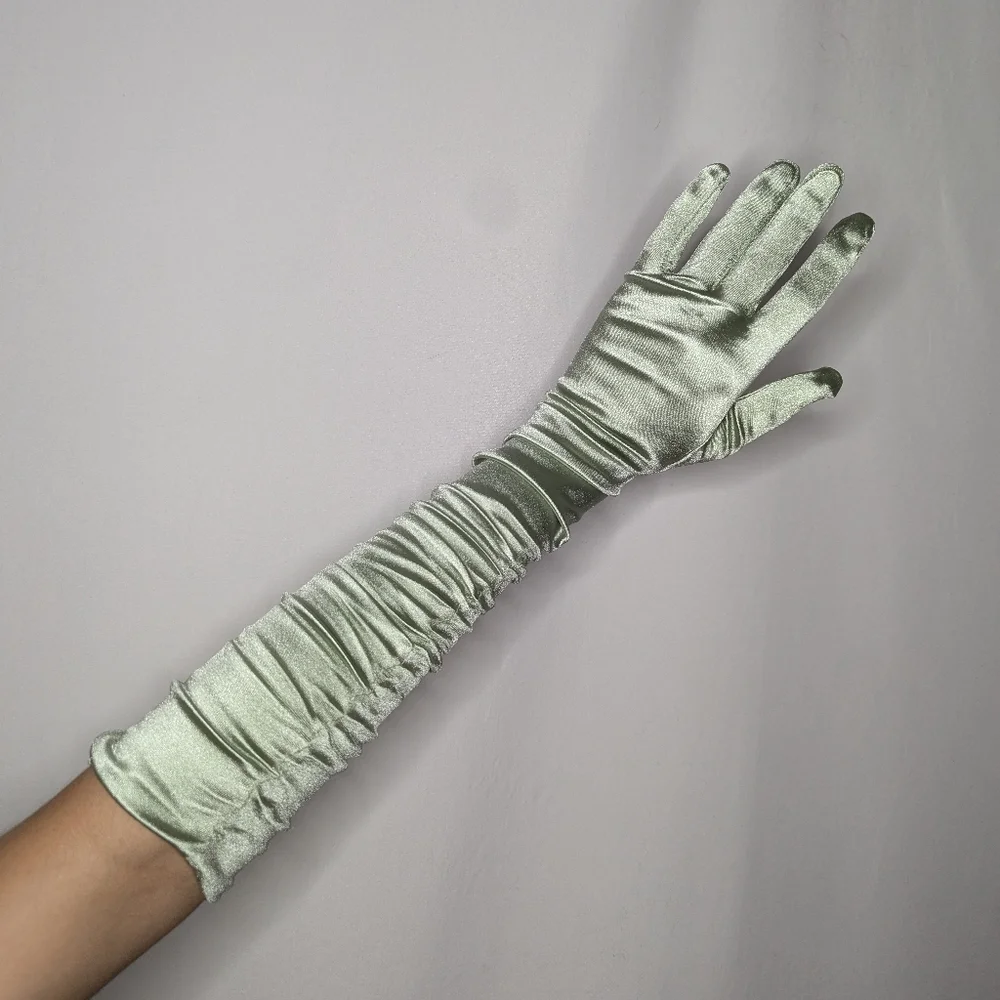 New Womens Sage Green Satin Semi Shiny Evening Bridesmaid Gloves One Size